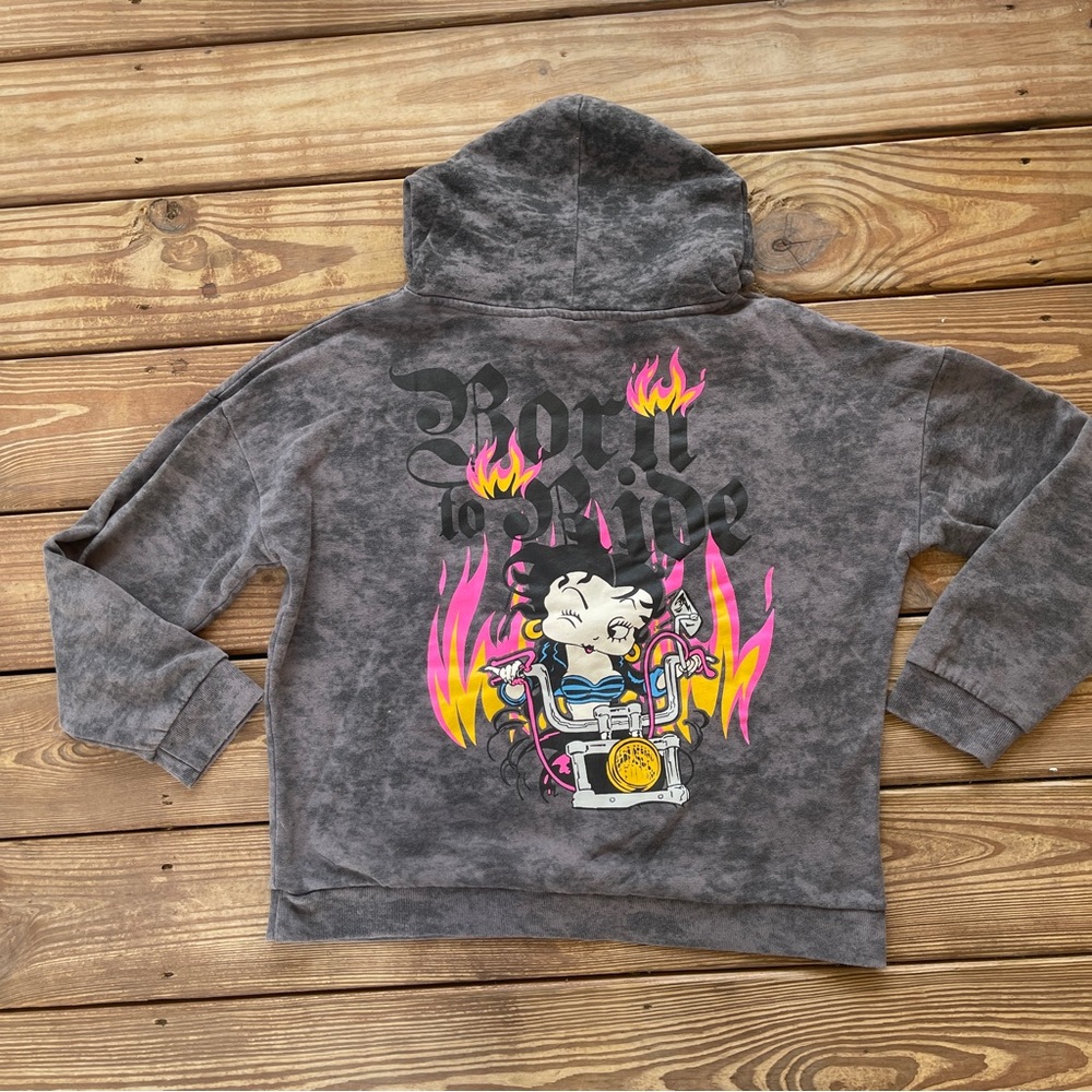 Betty Boop Graphic Hoodie Women’s L Y2K Biker Motorcycle Acid Wash Sweatshirt - Picture 2 of 9